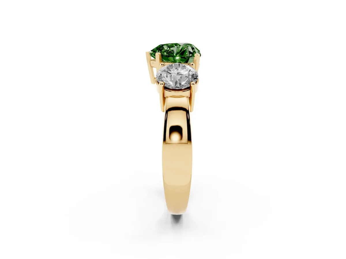 Fancy Green Three-Stone Heart Cut Diamond Ring with Round Side Stones, Classic Band, and Four-Prong Setting Yellow gold
