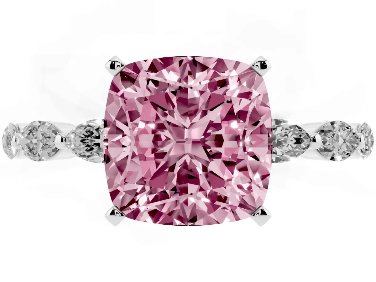 Fancy Pink Cushion Cut Diamond Ring with Marquise Side Stones and Prong Setting White gold