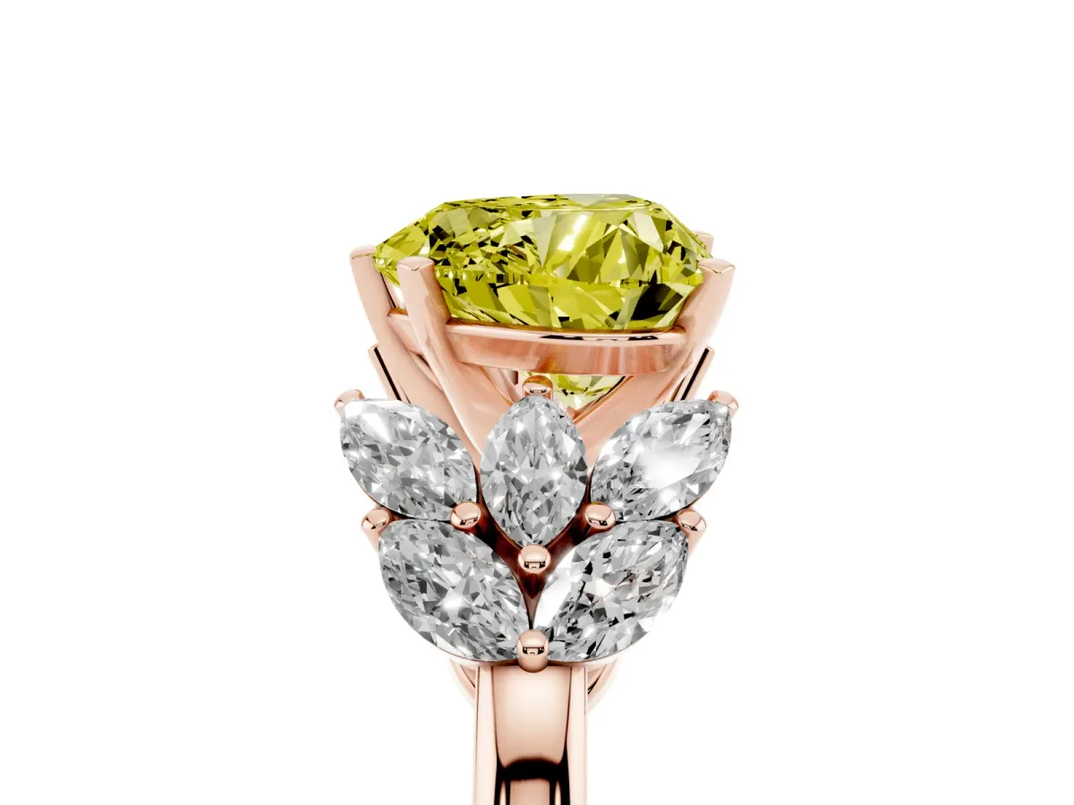Fancy Yellow Heart Cut Diamond Cluster Leaf Design Ring with Prong Setting Rose gold