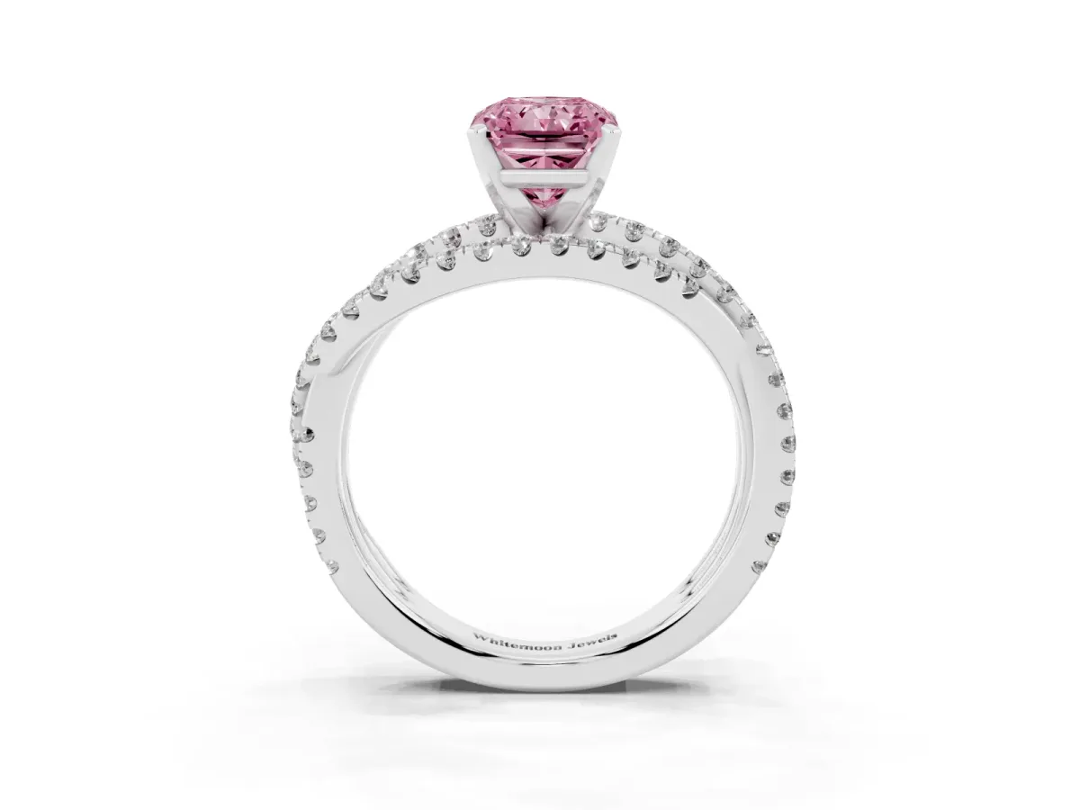 Fancy Pink Radiant Cut Solitaire Twist Band with Pavé Setting and Four-Prong Setting Silver