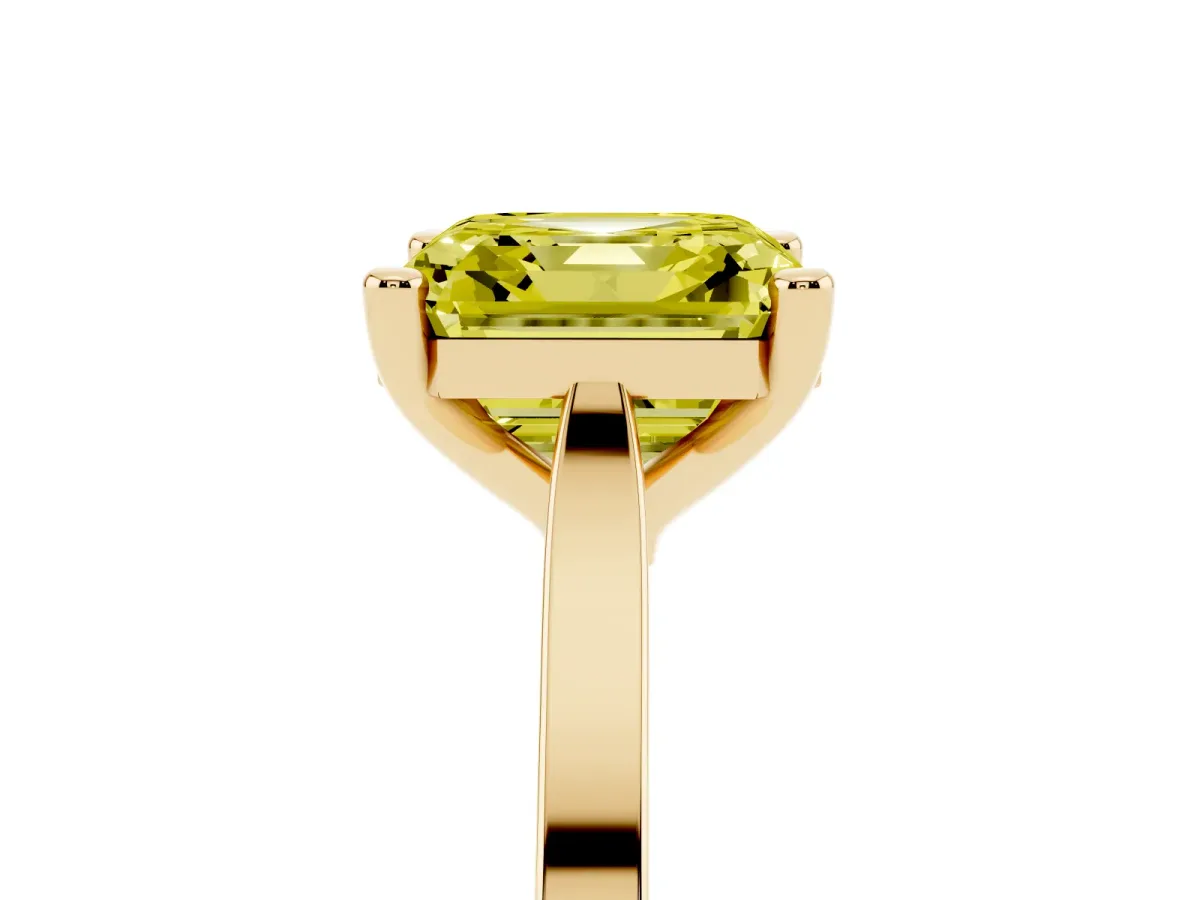 Fancy Yellow Asscher Cut Solitaire Diamond Ring with Four-Prong Setting and Tapered Band Yellow gold