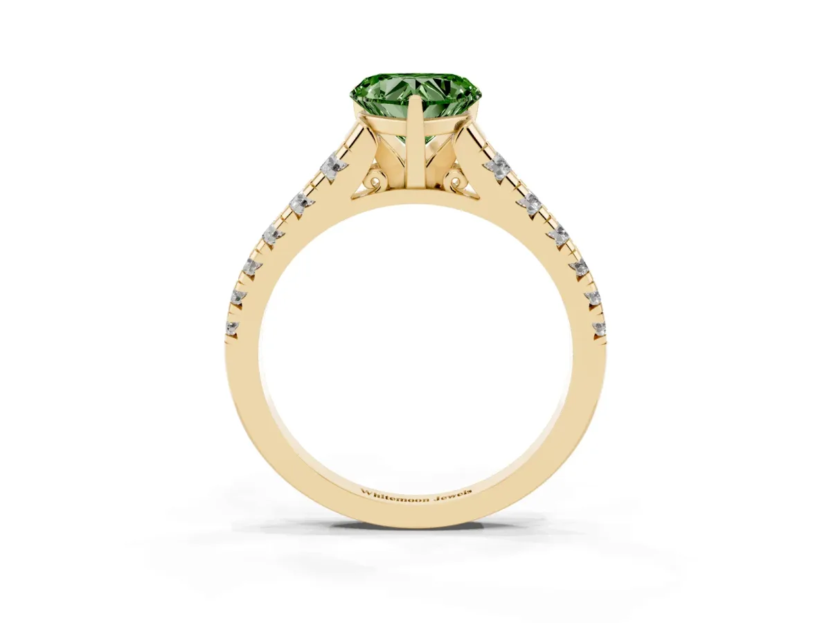 Fancy Green Heart Cut Diamond Cathedral Solitaire Ring with Round Pavé Band Yellow gold