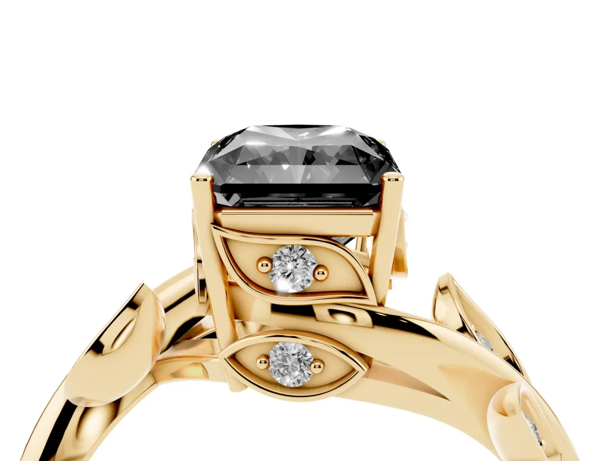 Fancy Black Radiant Cut Solitaire Twist Engagement Ring with Leaf Accents and Prong Setting Yellow gold