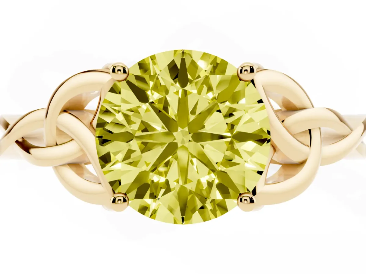 Fancy Yellow Round Cut Diamond Solitaire Engagement Ring with Celtic Knot Band and Four-Prong Setting Yellow gold