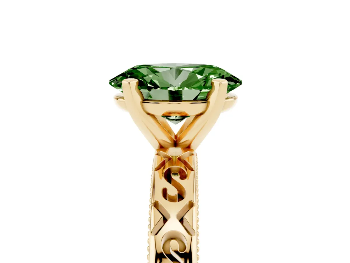 Fancy Green Oval Cut Solitaire Engagement Ring with Scrollwork Band and Four-Prong Setting Yellow gold