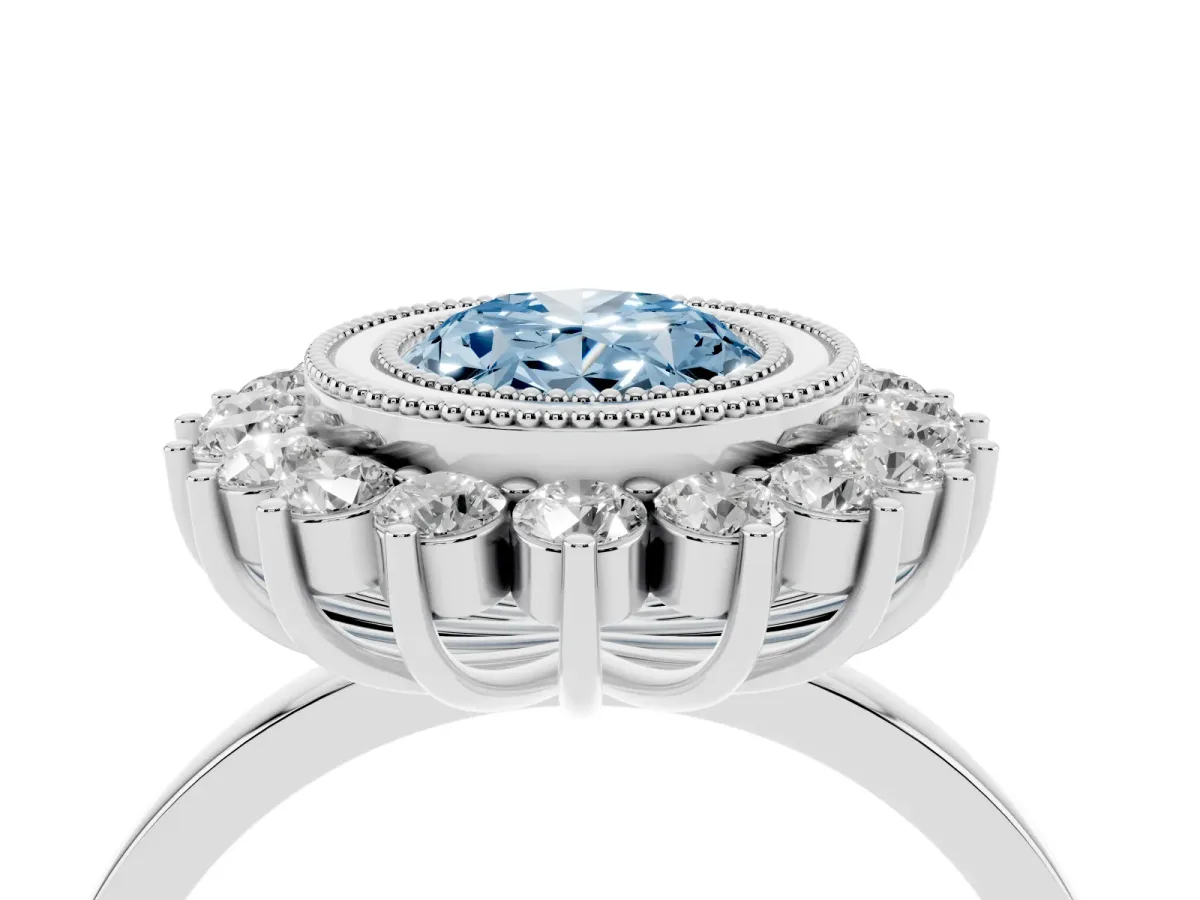 Fancy Blue Oval Cut Halo Diamond Ring with Milgrain Edge and Round Prong Setting Silver