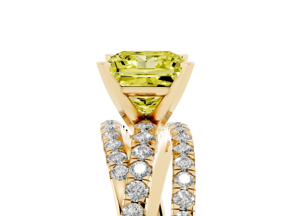 Fancy Yellow Princess Cut Solitaire Twist Band with Pavé Setting and Four-Prong Setting Yellow gold