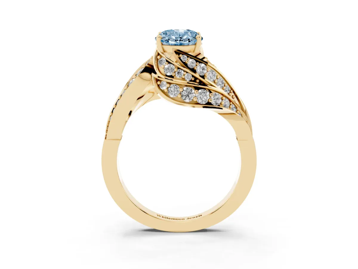 Fancy Blue Oval Cut Diamond Solitaire Ring with Prong Setting and Twisted Pavé Band Yellow gold