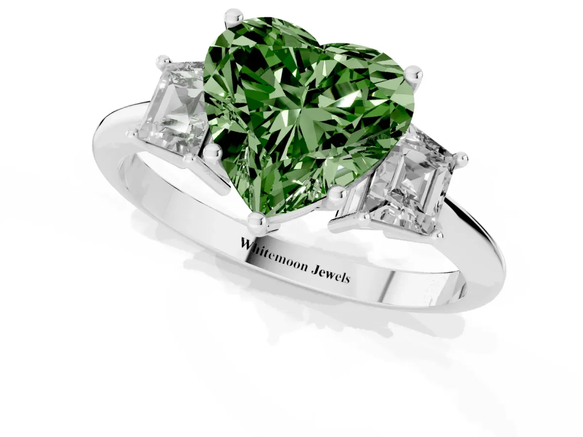 Fancy Green Heart Cut Diamond Three-Stone Ring with Trapezoid Side Stones and Prong Setting Silver