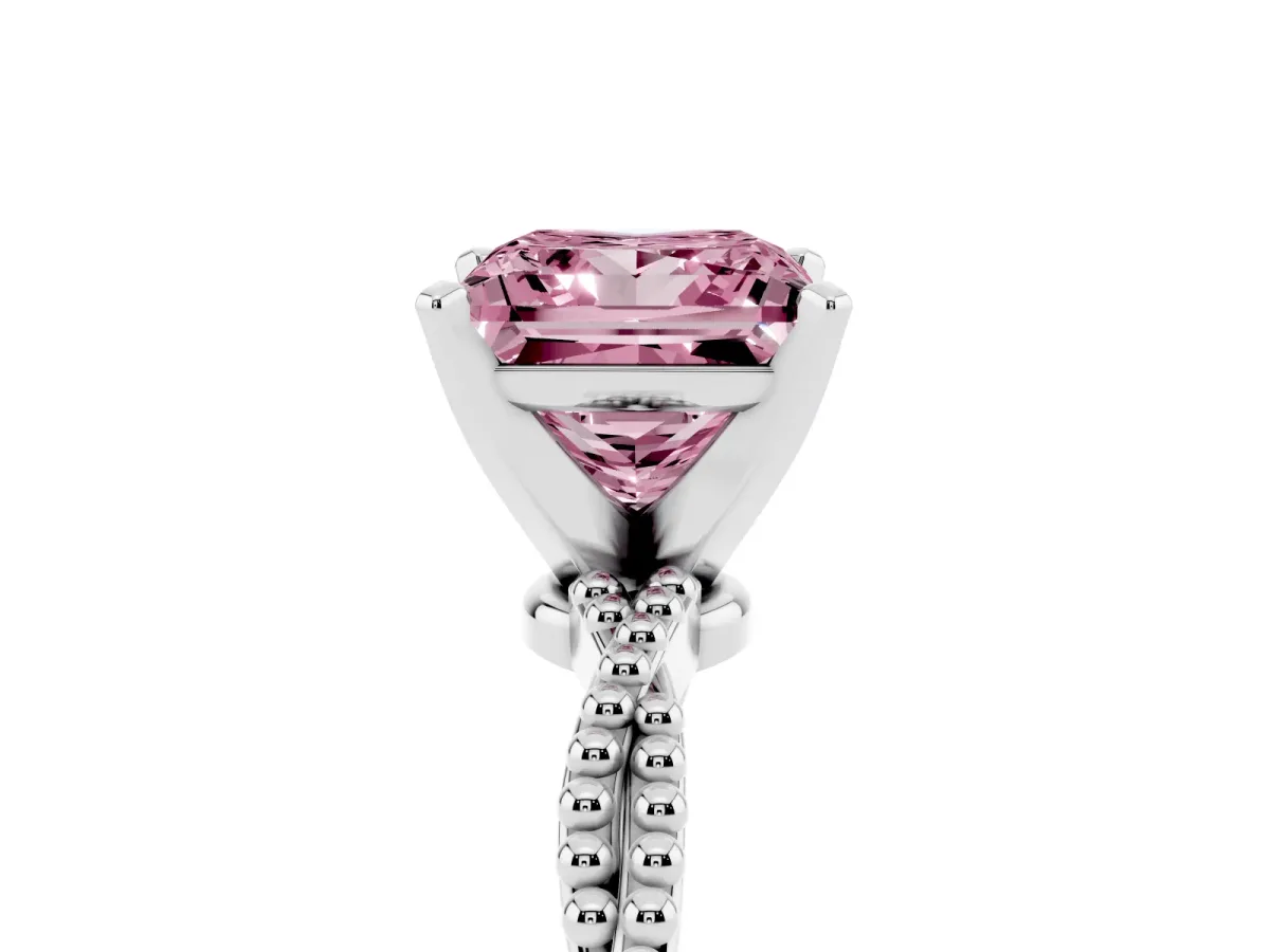 Fancy Pink Princess Cut Solitaire Twisted Band with Bead Prong Setting Platinum