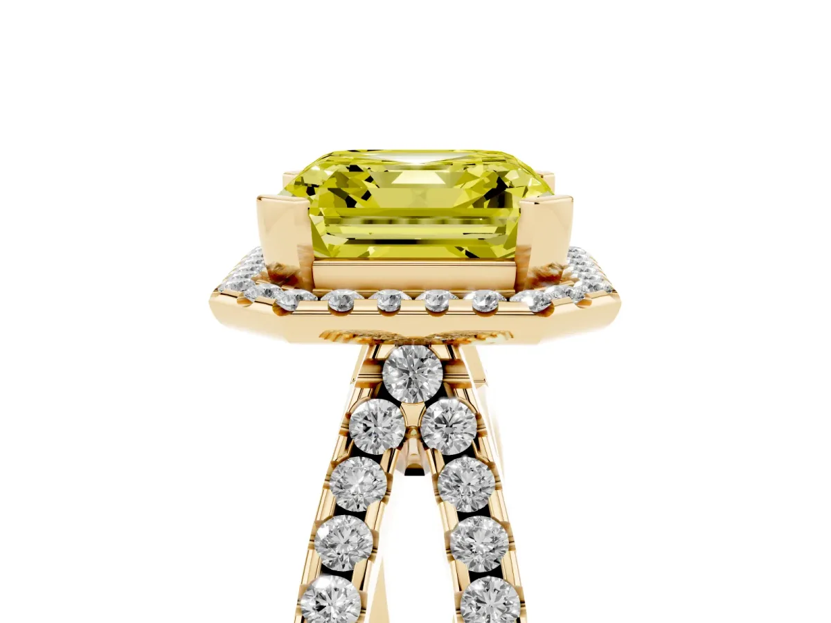 Fancy Yellow Asscher Cut Diamond Halo Ring with Split Shank Pavé Band and Prong Setting Yellow gold