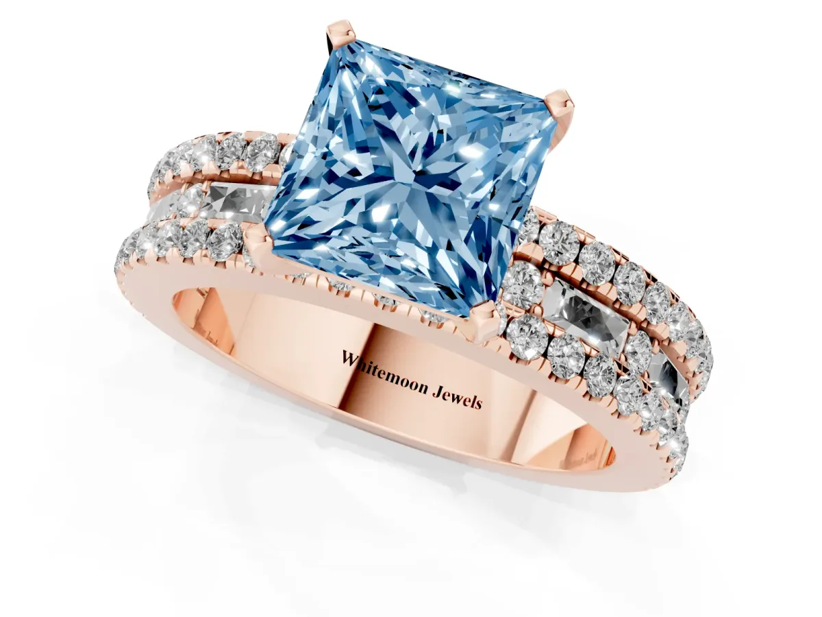 Fancy Blue Princess Cut Diamond Solitaire Ring with Pavé and Channel Set Band Rose gold