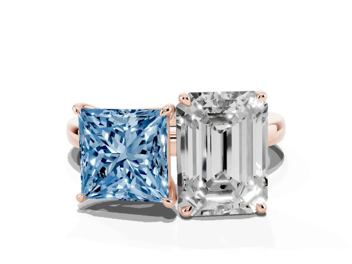 Fancy Blue Princess Cut and Emerald Cut Toi Moi Ring with Prong Setting Rose gold