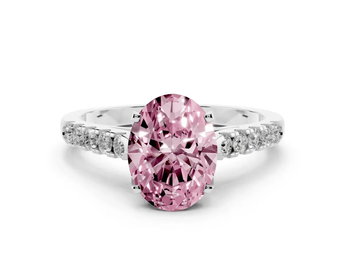 Fancy Pink Oval Cut Diamond Pavé Band Solitaire Ring with Prong Setting White gold