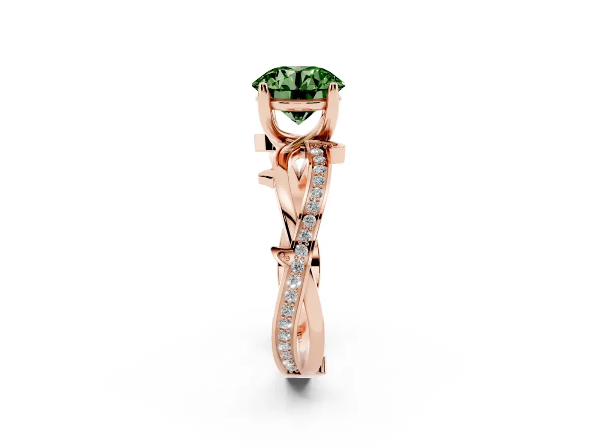 Fancy Green Round Cut Solitaire Twist Band with Pavé Accents and Four-Prong Setting Rose gold