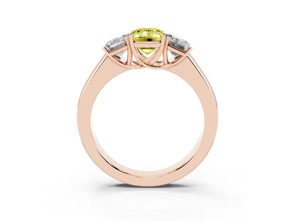 Fancy Yellow Three-Stone Emerald Cut Cut Diamond Ring with Prong Setting and Classic Band Rose gold