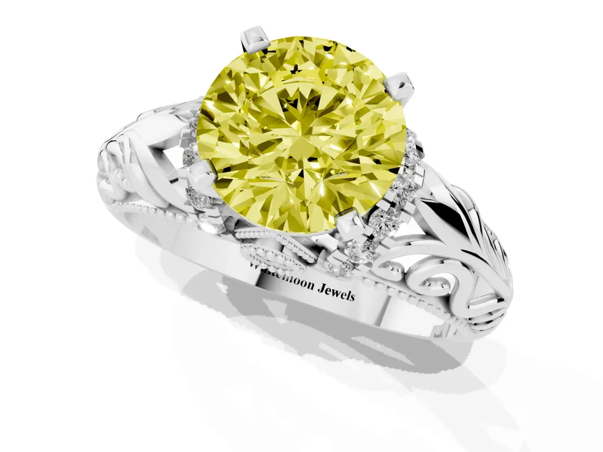 Fancy Yellow Round Cut Solitaire Filigree Engagement Ring with Halo and Prong Setting White gold