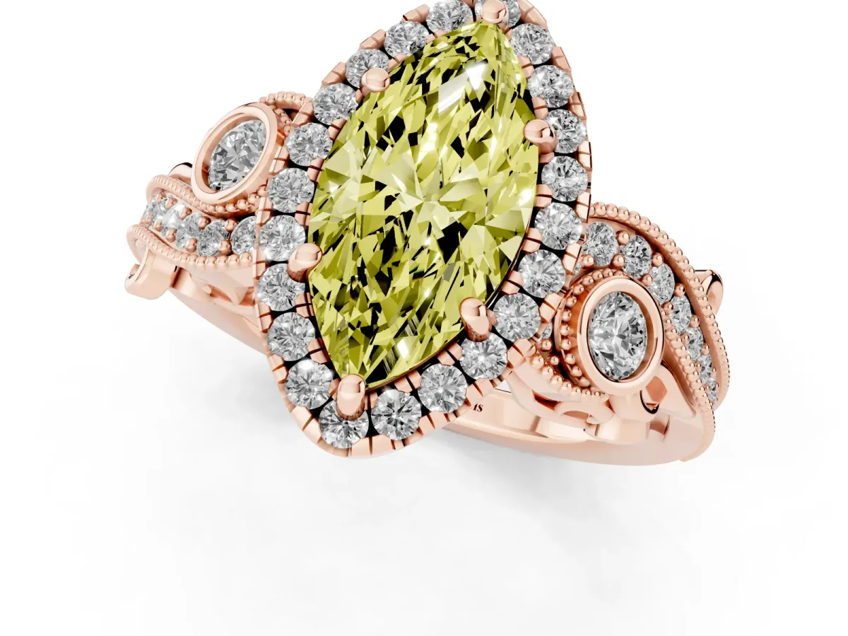Fancy Yellow Marquise Cut Halo Diamond Ring with Milgrain and Bezel Accents on a Split Shank Band Rose gold