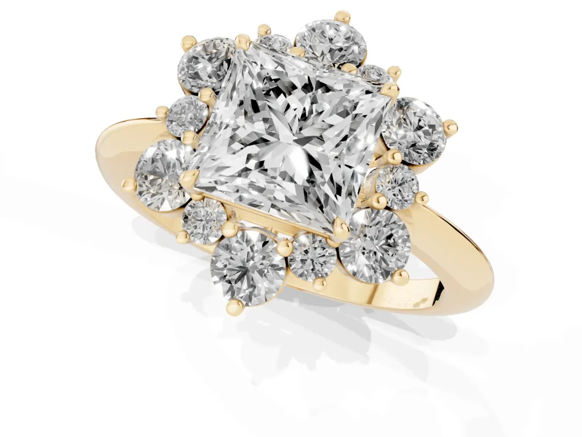 Princess Cut Diamond Cluster Halo Ring with Solitaire Band and Four-Prong Setting Yellow gold