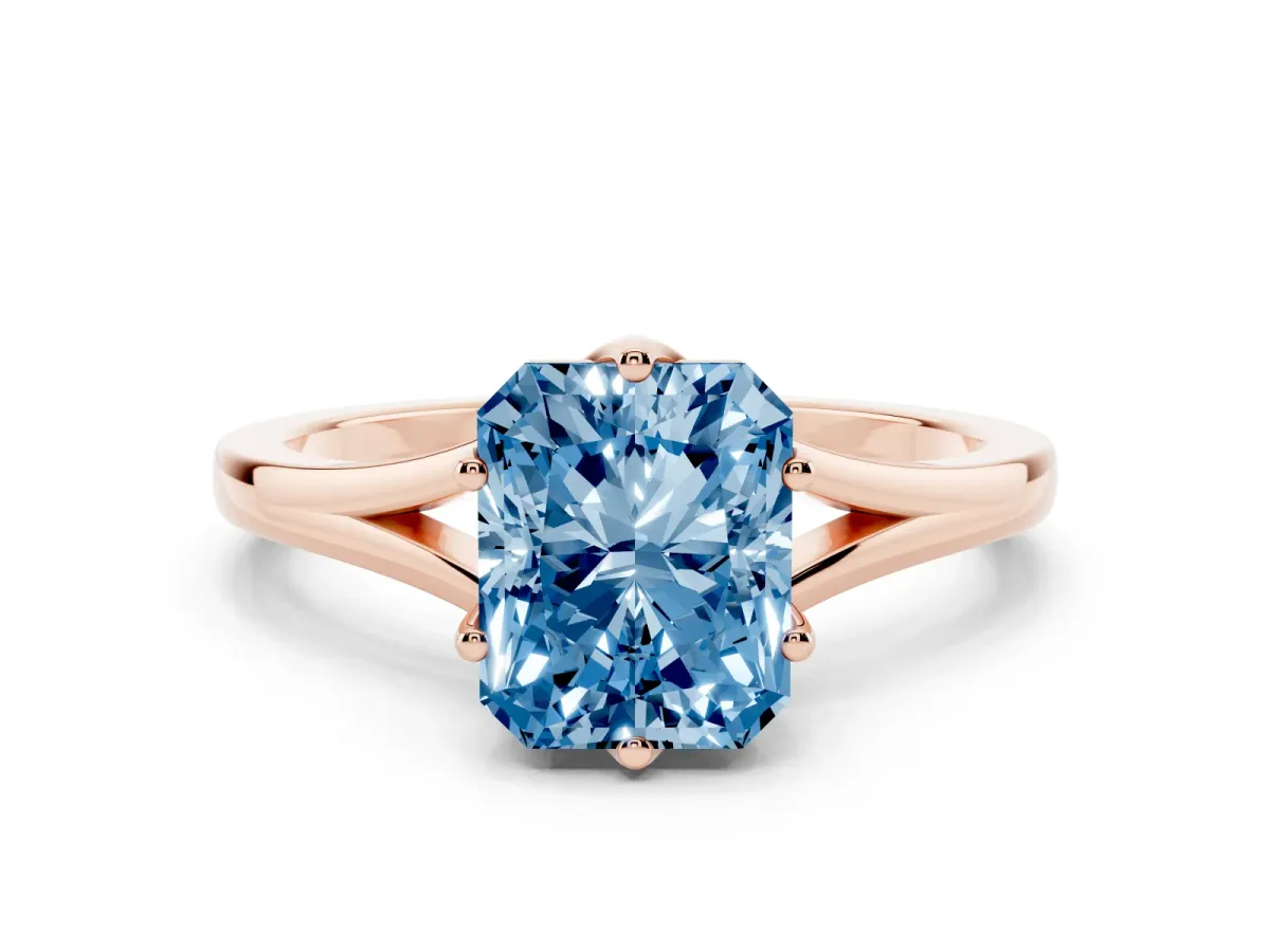 Fancy Blue Radiant Cut Solitaire Diamond Ring with Six-Prong Setting and Tapered Band Rose gold