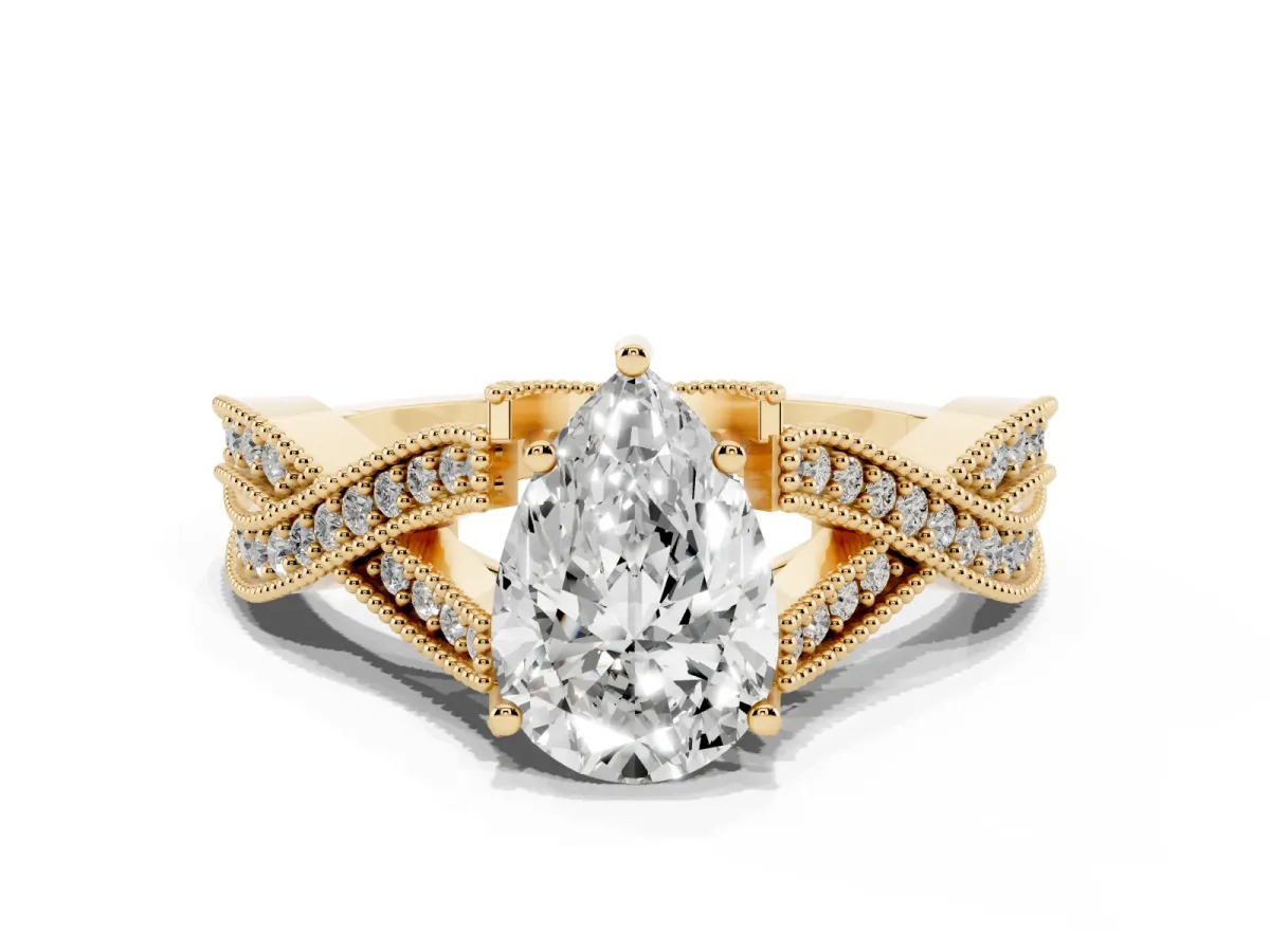 Pear Cut Cut Diamond Twisted Band with Milgrain Pave Setting and Four-Prong Setting Yellow gold
