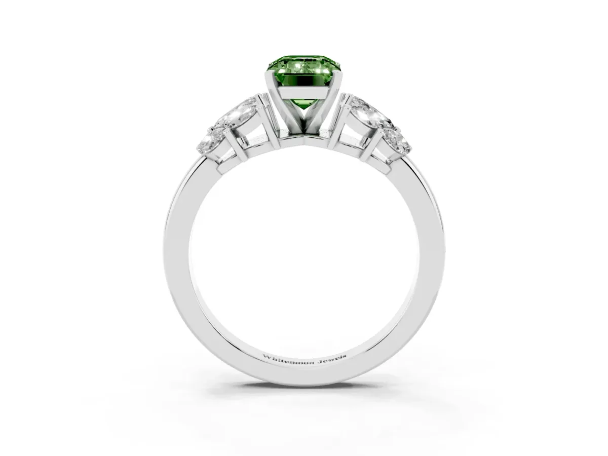 Fancy Green Emerald Cut Diamond Cluster Leaf Design Ring with Prong Setting White gold