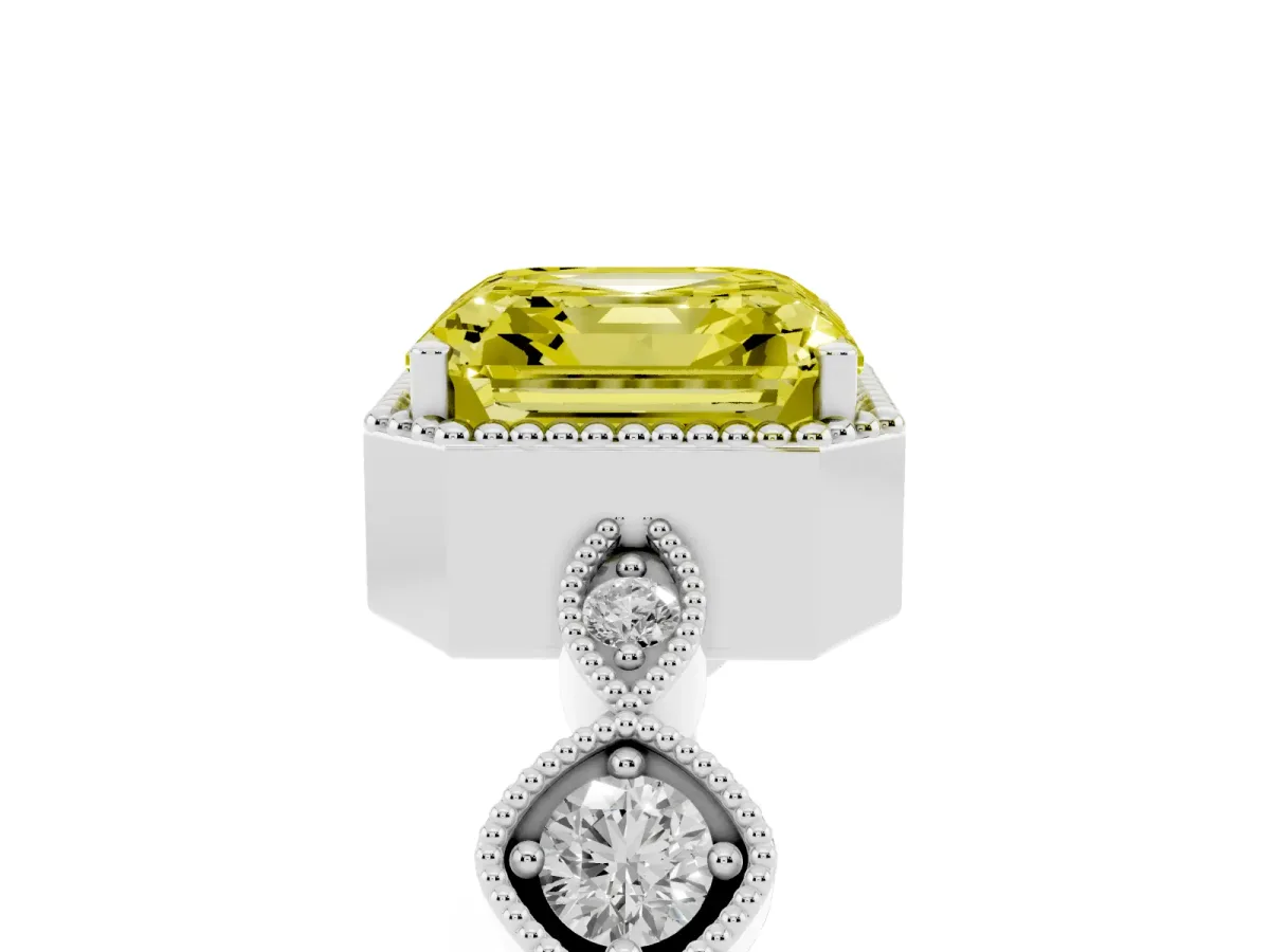 Fancy Yellow Asscher Cut Diamond Vintage Milgrain Ring with Round Stations Platinum