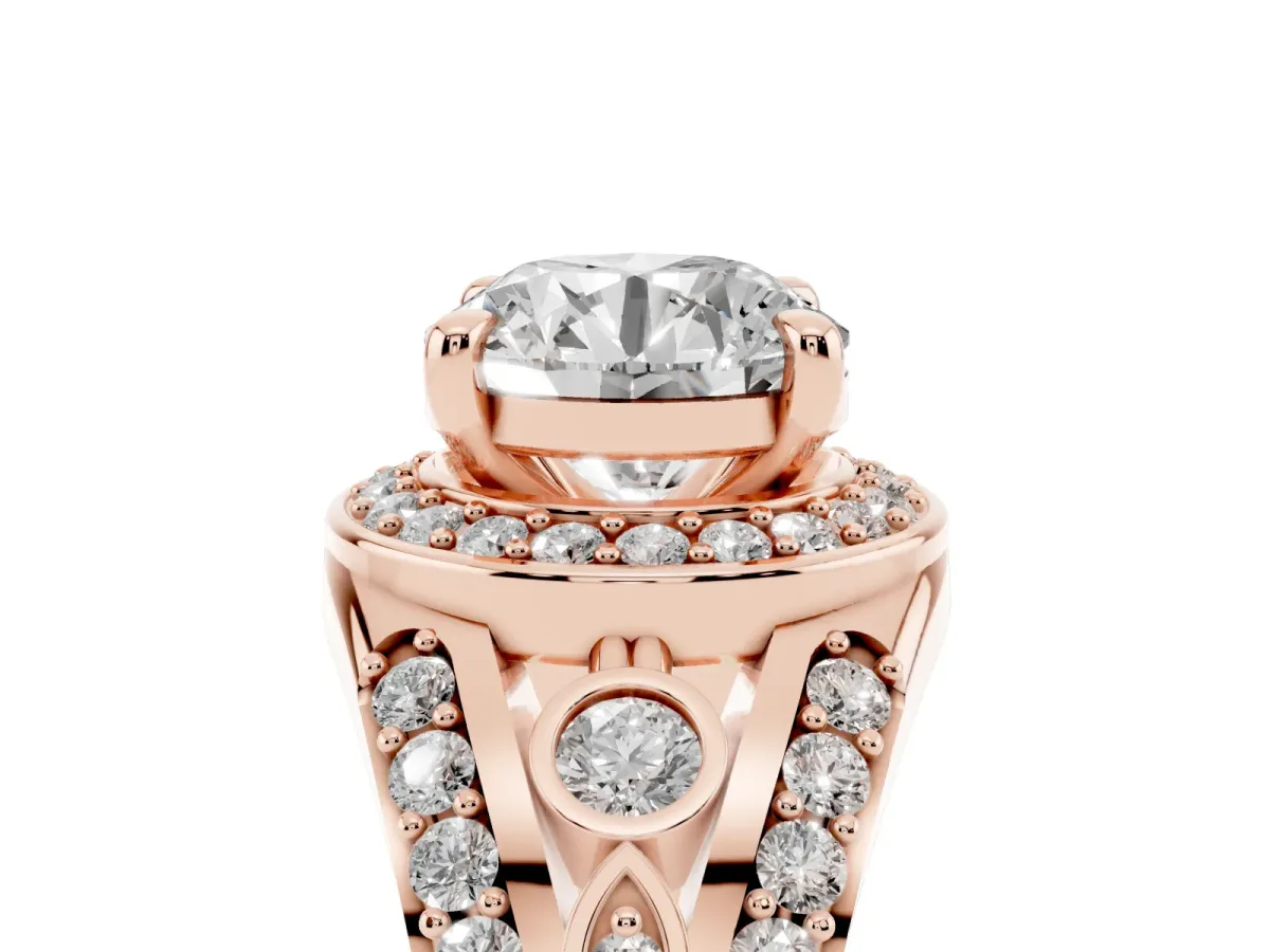 Round Cut Diamond Halo Ring with Split Shank and Bezel Accents and Four-Prong Setting Rose gold