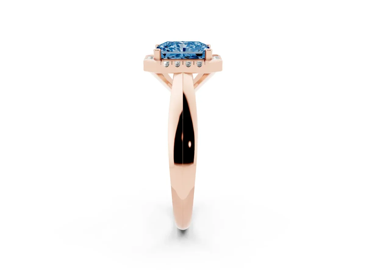 Fancy Blue Radiant Cut Cut Halo Solitaire Engagement Ring with Square Band and Four-Prong Setting Rose gold