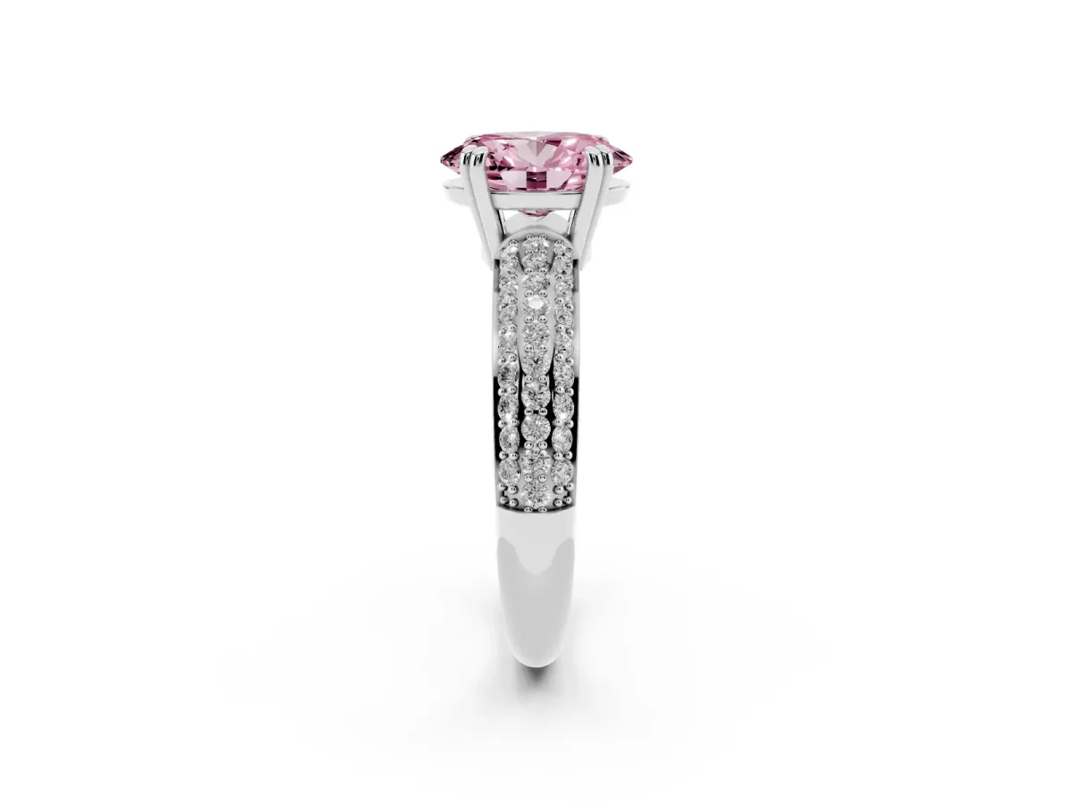Fancy Pink Oval Cut Diamond Solitaire Ring with Multi-Row Round Pavé Band and Prong Setting Silver