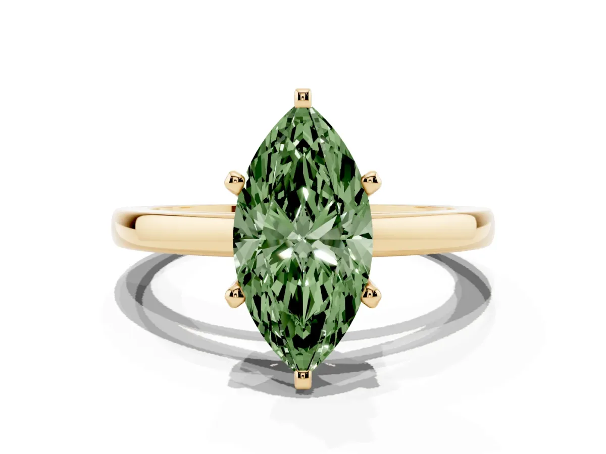 Fancy Green Marquise Cut Solitaire Diamond Engagement Ring with Four-Prong Setting on a Classic Band Yellow gold