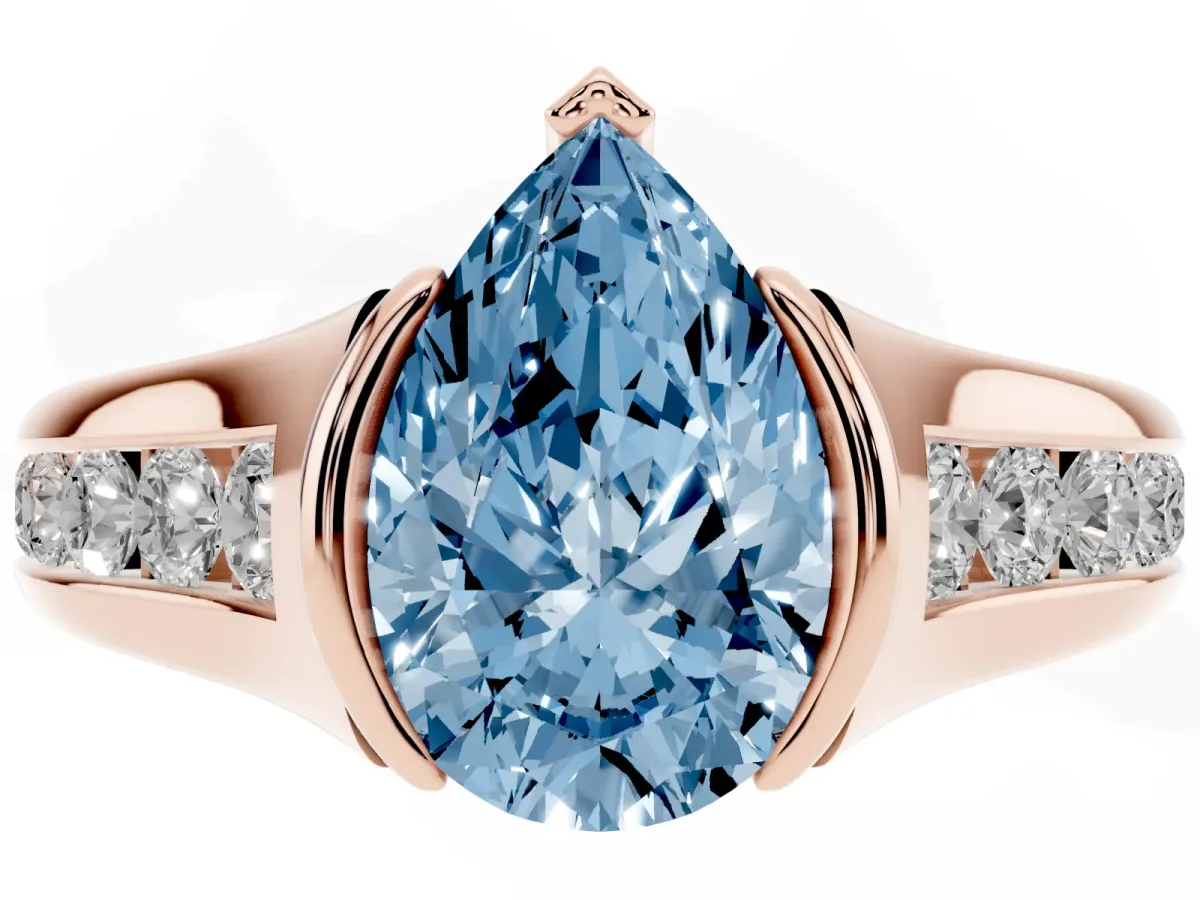 Fancy Blue Pear Cut Solitaire Bezel-Set Diamond Ring with Channel-Set Band Rose gold