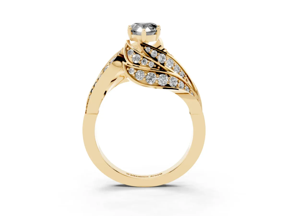 Fancy Black Pear Cut Diamond Solitaire Ring with Prong Setting and Twisted Pavé Band Yellow gold