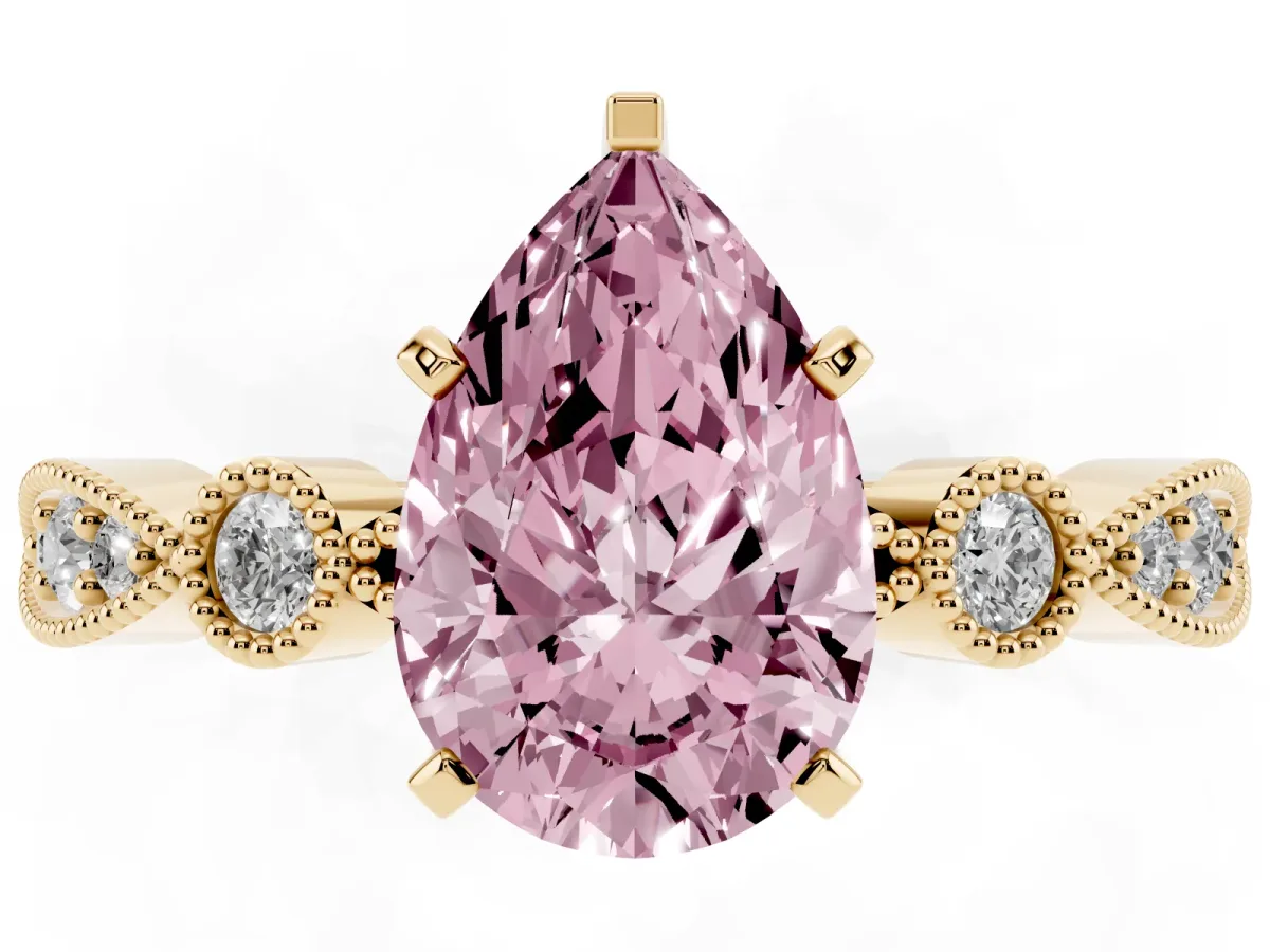 Fancy Pink Pear Cut Milgrain Bezel Diamond Engagement Ring with Solitaire Prong Setting Yellow gold