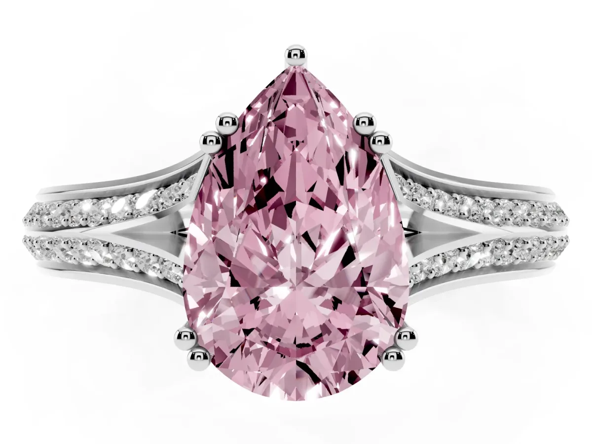 Fancy Pink Pear Cut Diamond Split Shank Engagement Ring with Pavé Band Platinum