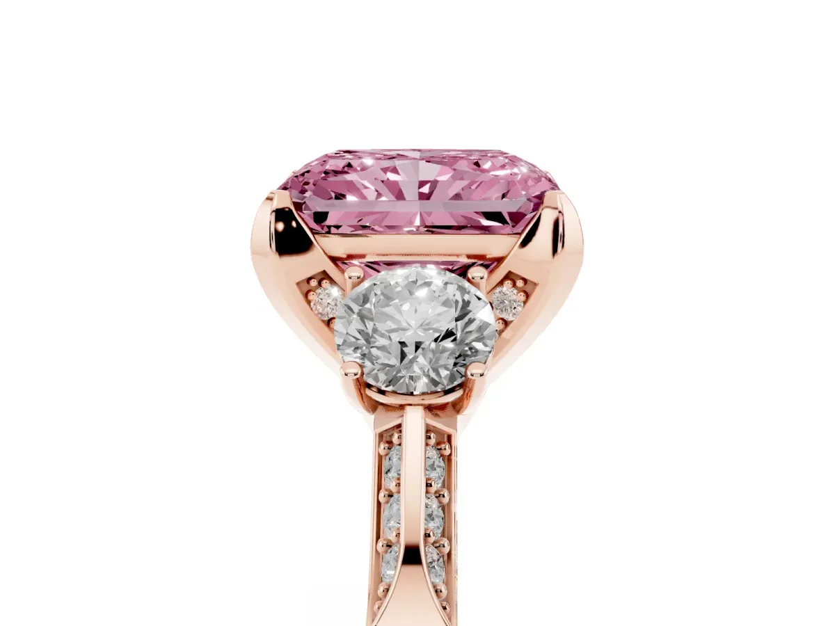 Fancy Pink Radiant Cut Brilliant Three-Stone Diamond Ring with Pavé Band and Four-Prong Setting Rose gold