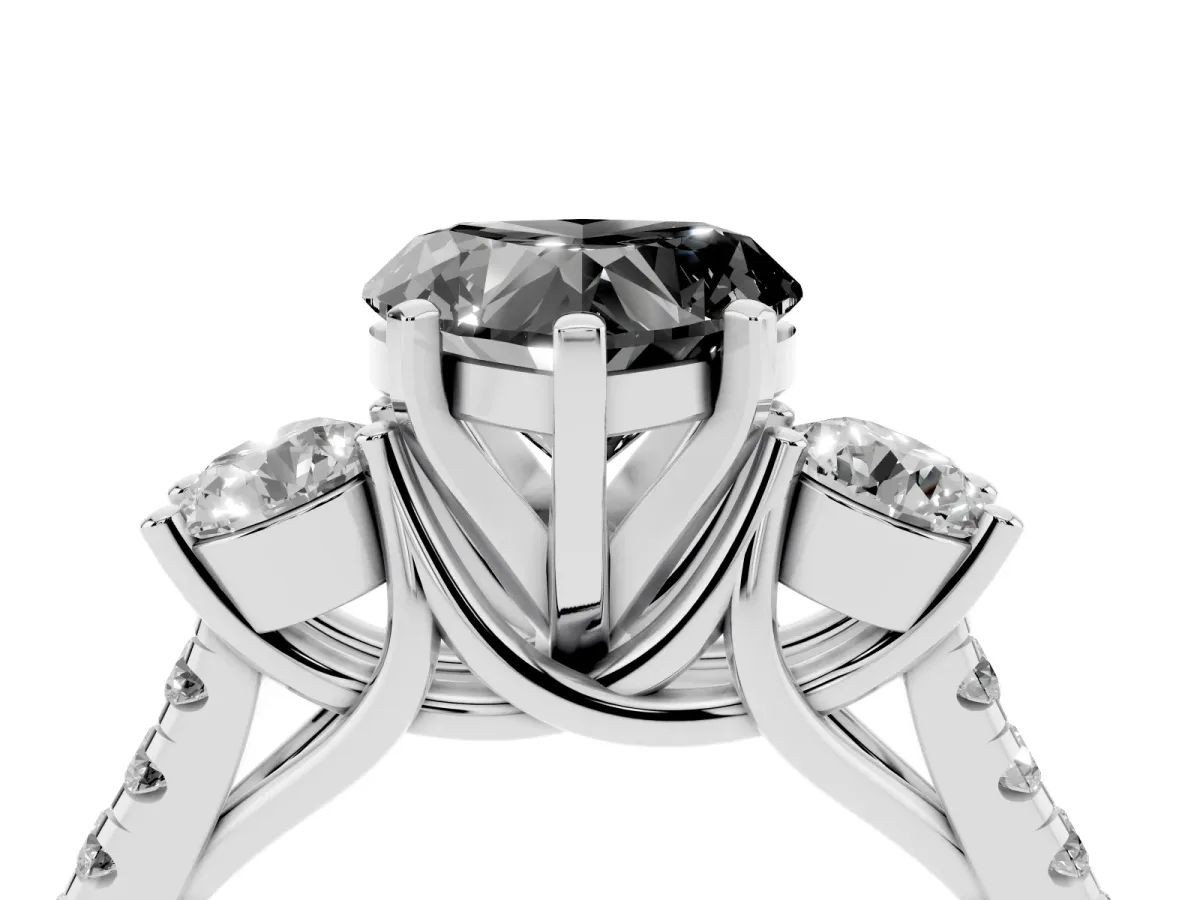 Fancy Black Three-Stone Heart Cut Diamond Pavé Band with Four-Prong Setting Platinum