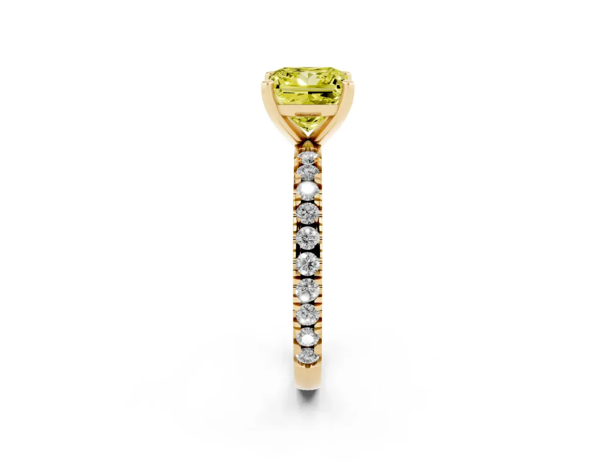 Fancy Yellow Princess Cut Diamond Pavé Band Solitaire with Four-Prong Setting Yellow gold