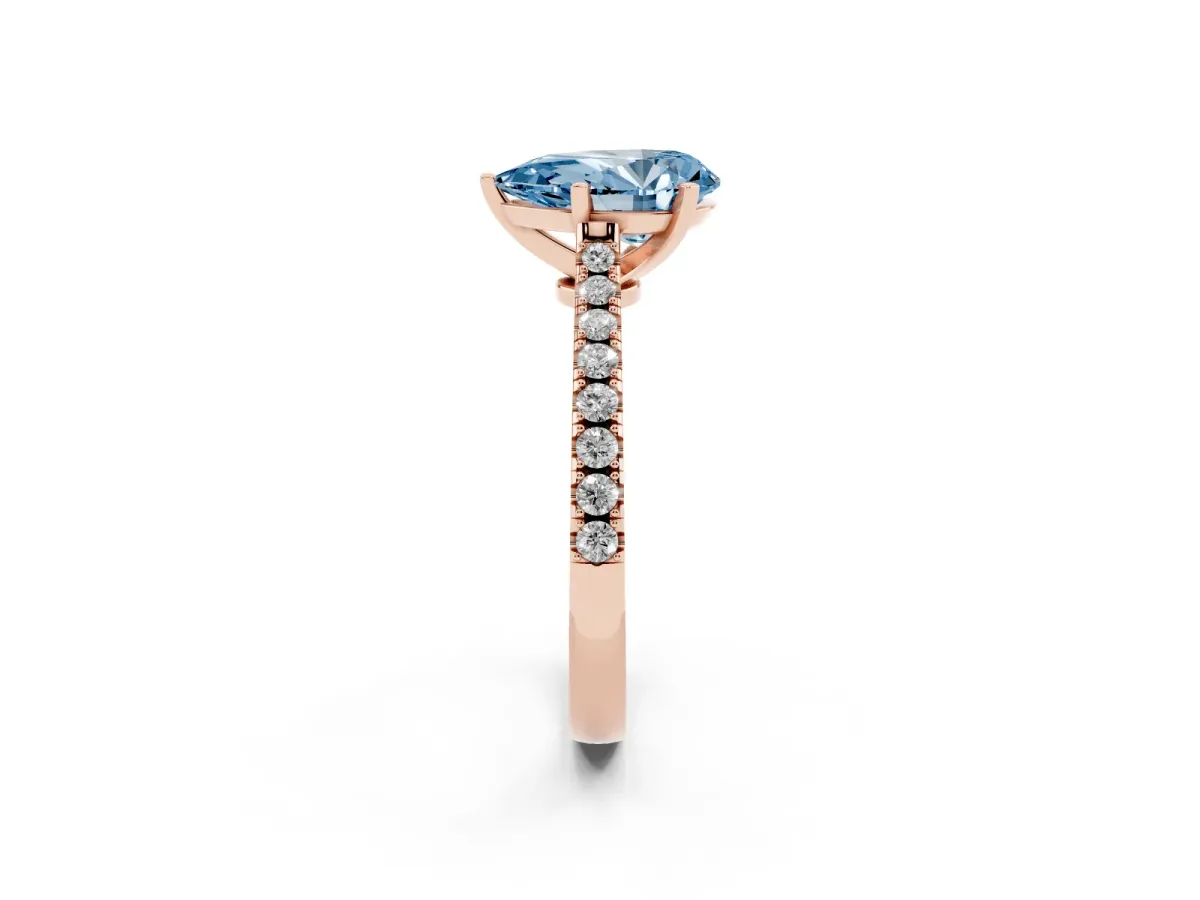 Fancy Blue Pear Cut Cut Solitaire Diamond Engagement Ring with Pave Band and Four-Prong Setting Rose gold