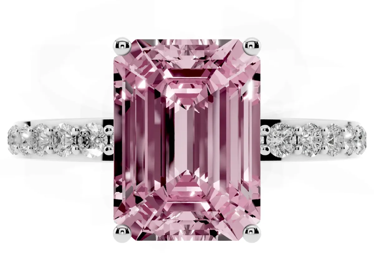 Fancy Pink Emerald Cut Diamond Solitaire Ring with Pavé Band and Hidden Halo Silver