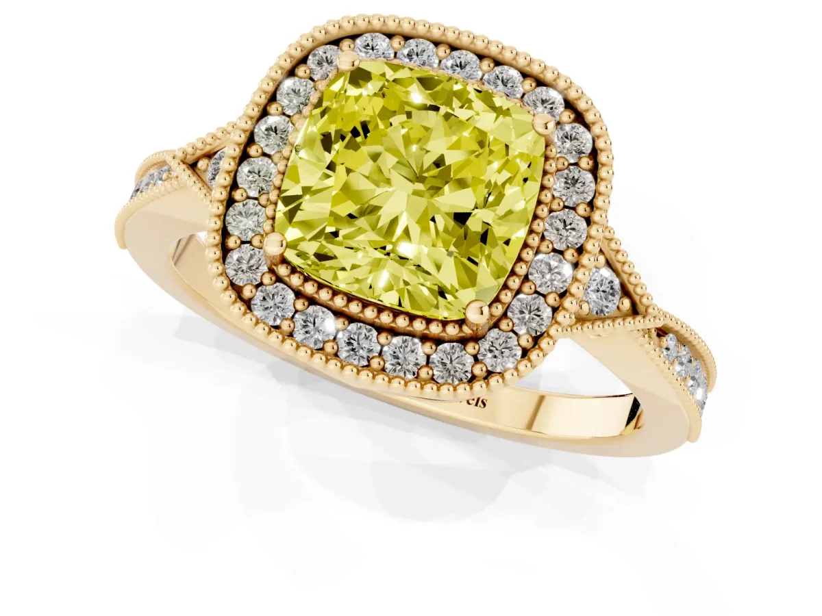 Fancy Yellow Cushion Cut Halo Round Diamond Milgrain Pave Engagement Ring Yellow gold