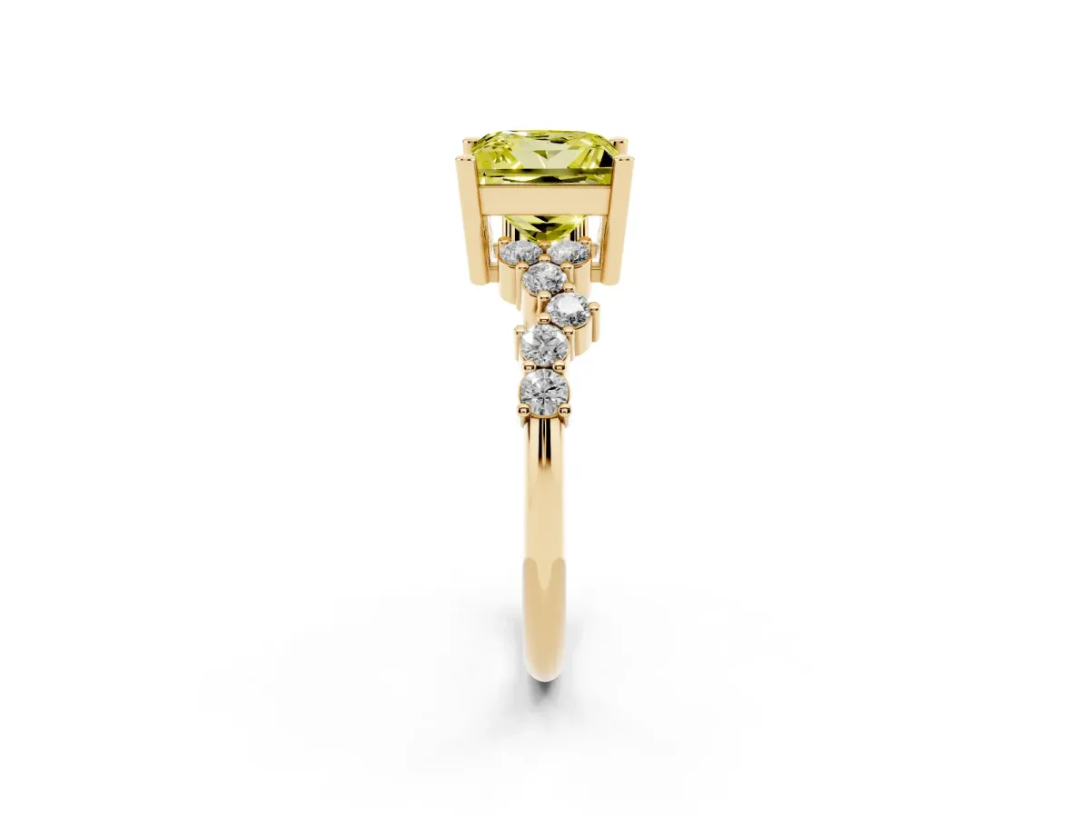 Fancy Yellow Princess Cut Diamond Scattered Round Accent Ring with Prong Setting Yellow gold