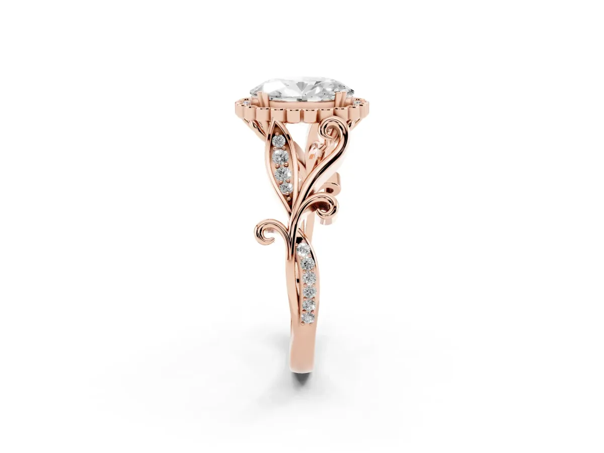 Oval Cut Diamond Halo Ring with Vintage Split Shank and Four-Prong Setting Rose gold