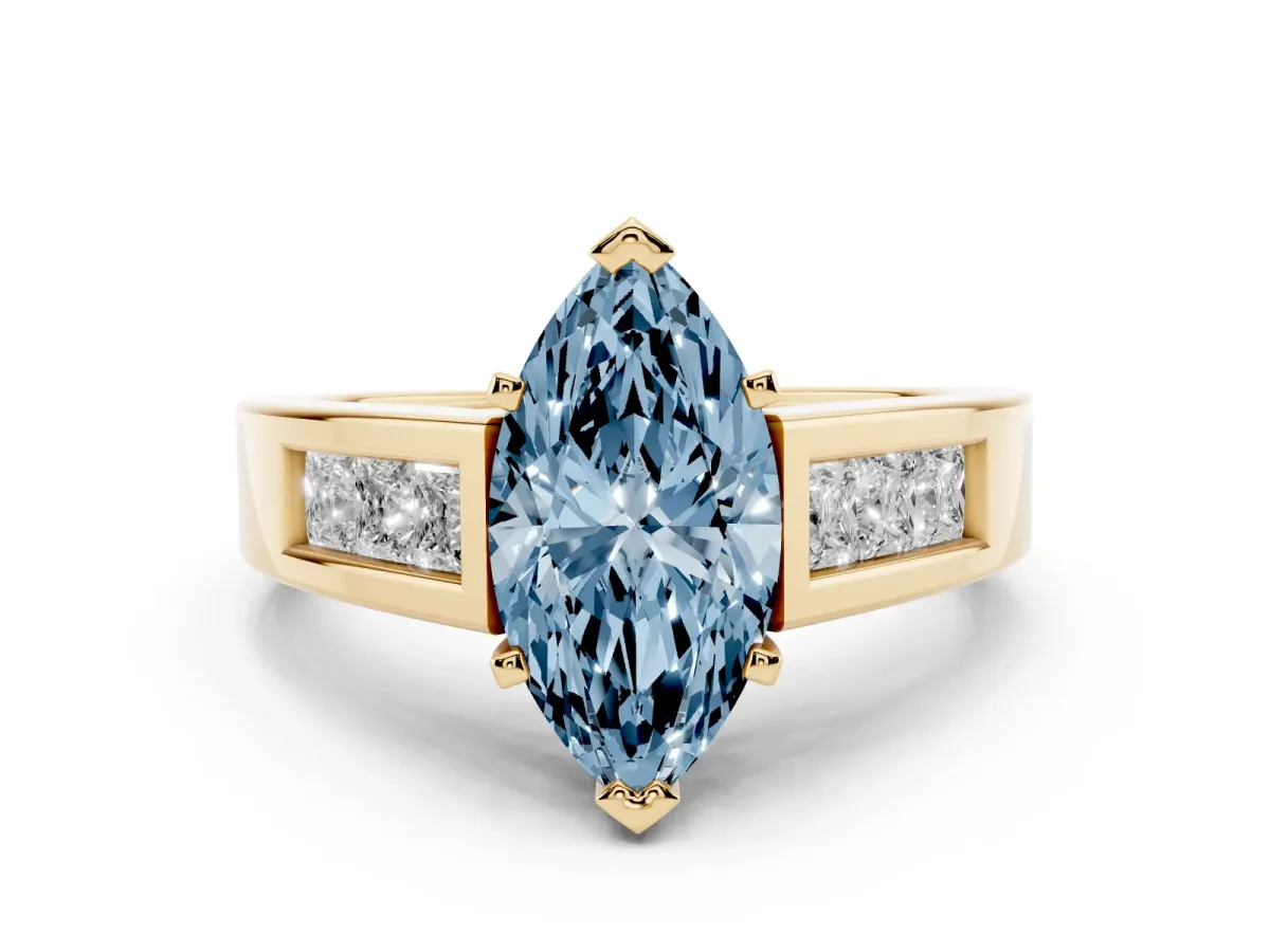 Fancy Blue Marquise Cut Cut Channel Set Solitaire Ring with Four-Prong Setting Yellow gold