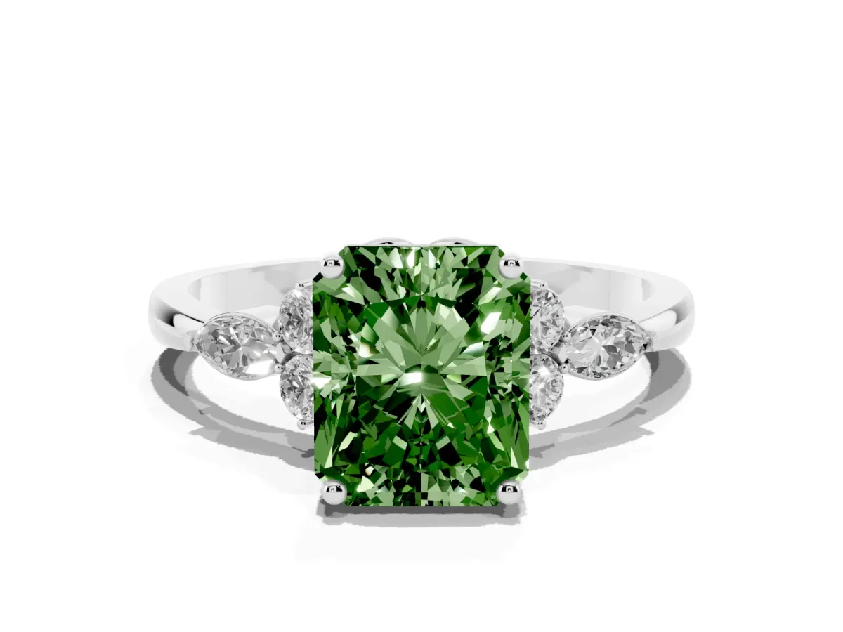 Fancy Green Radiant Cut Brilliant Diamond Solitaire Ring with Pear Side Stones and Four-Prong Setting Platinum