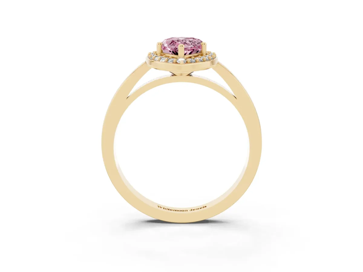 Fancy Pink Pear Cut Halo Diamond Ring with Solitaire Band and Prong Setting Yellow gold