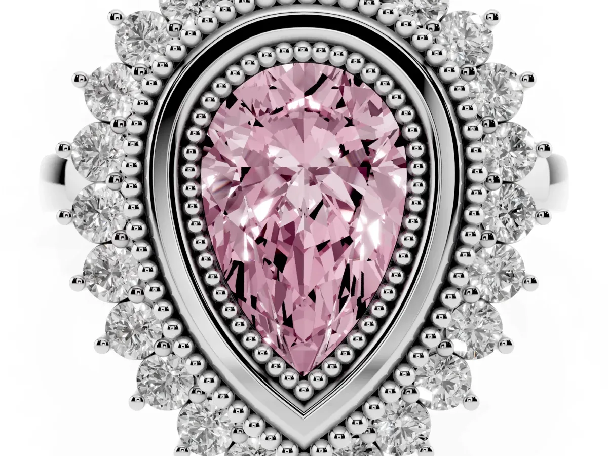 Fancy Pink Pear Cut Halo Diamond Ring with Milgrain Edge and Round Prong Setting Silver