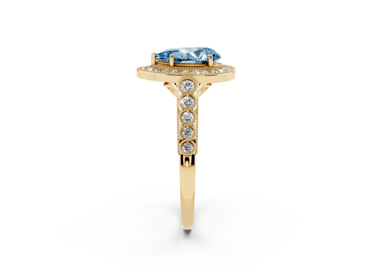 Fancy Blue Pear Cut Halo Twist Band Solitaire Ring with Six-Prong Setting Yellow gold