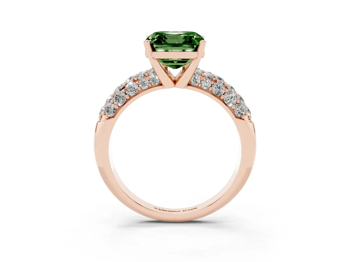 Fancy Green Asscher Cut Diamond Pavé Band Solitaire Ring with Four-Prong Setting Rose gold