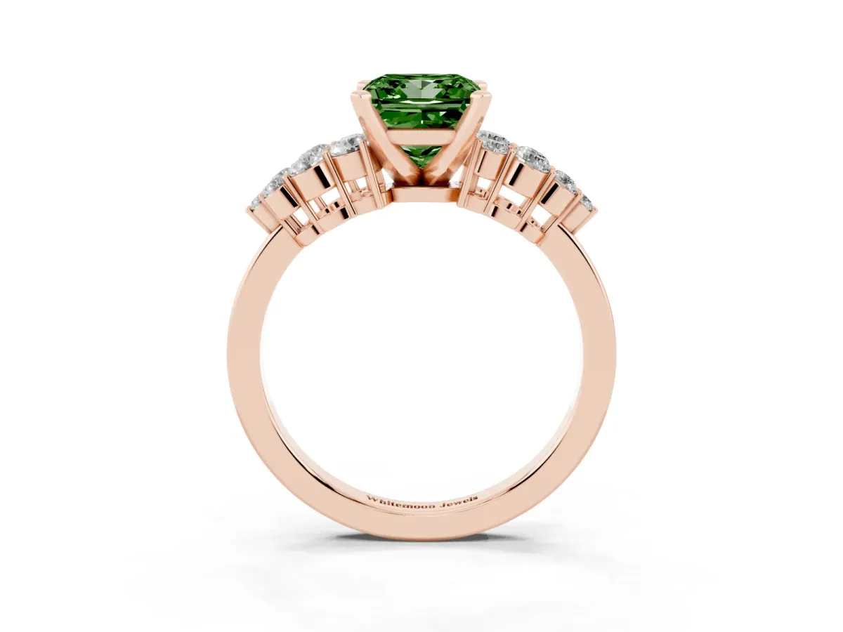Fancy Green Princess Cut Cluster Diamond Engagement Ring with Pavé Band and Four-Prong Setting Rose gold